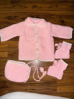 Vintage 70s Handmade Pink knit/Crochet Baby Set with Booties and Bonnet
